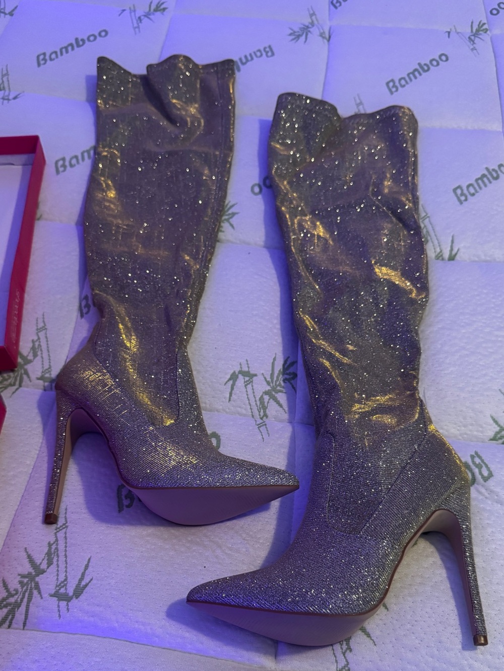Sparkle Knee-High Stiletto Boots — Gold